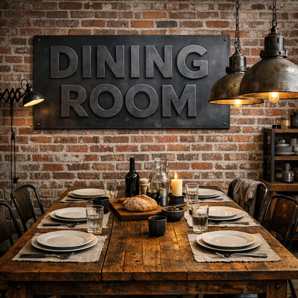 industrial-style metal wall art for dining room on exposed brick wall