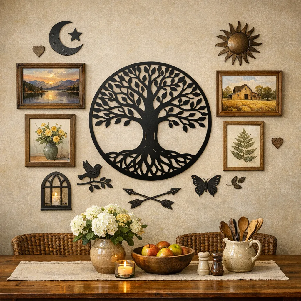 gallery wall with metal wall art for dining room centered above table