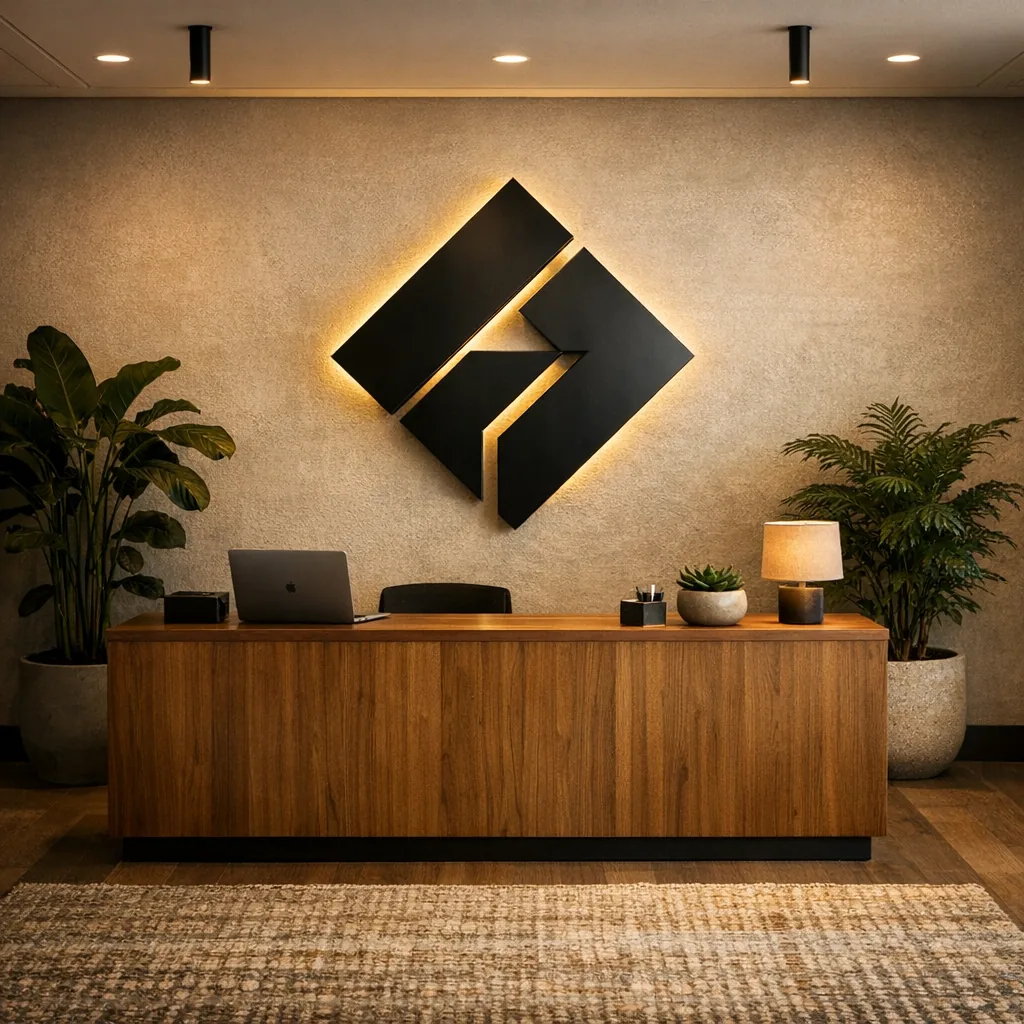 Reception area with powder-coated metal wall art for office behind wooden desk