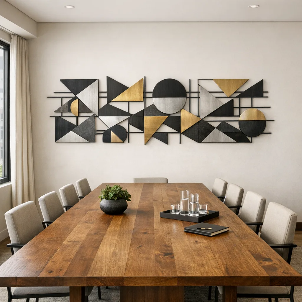 Conference room with modern metal wall art for office above table