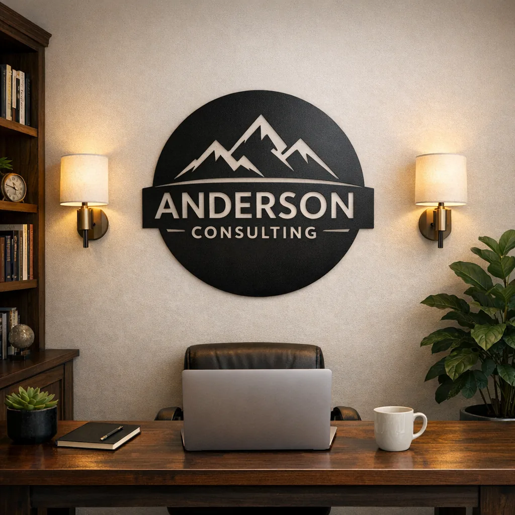 Home office with personalized metal wall art for office behind desk