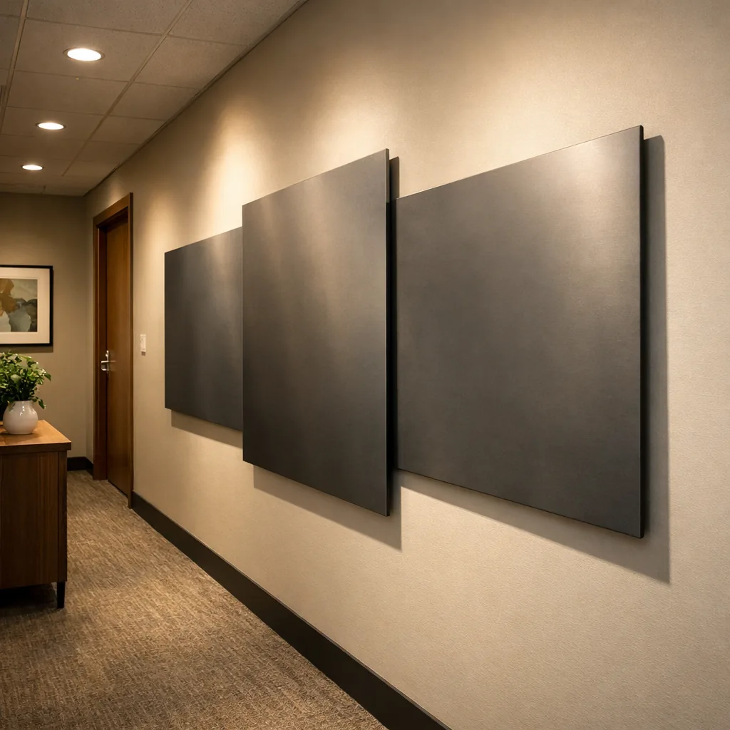 Office hallway with grouped metal wall art for office panels