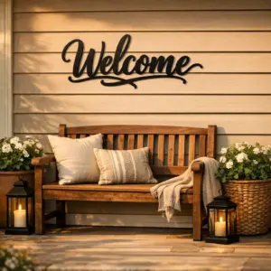 metal welcome signs for home mounted above a porch bench with plants and lanterns