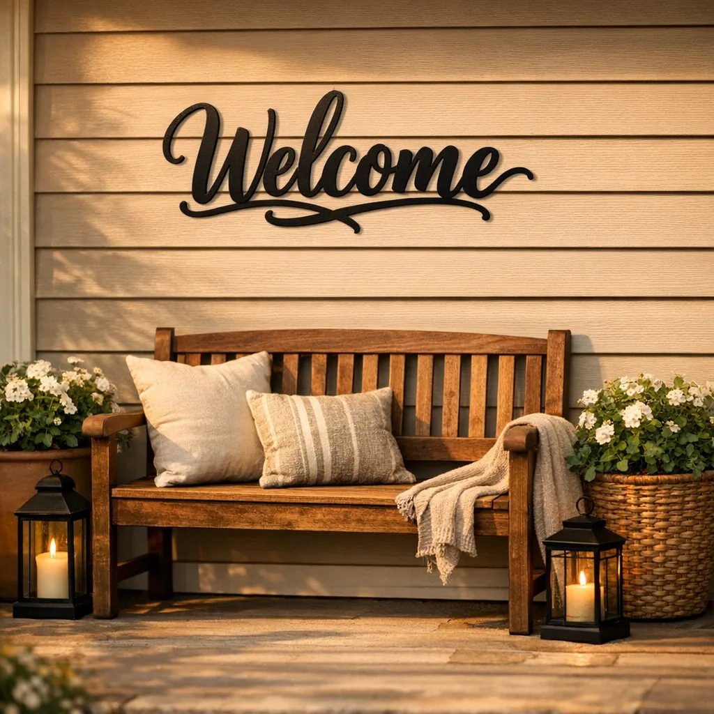 metal welcome signs for home mounted above a porch bench with plants and lanterns