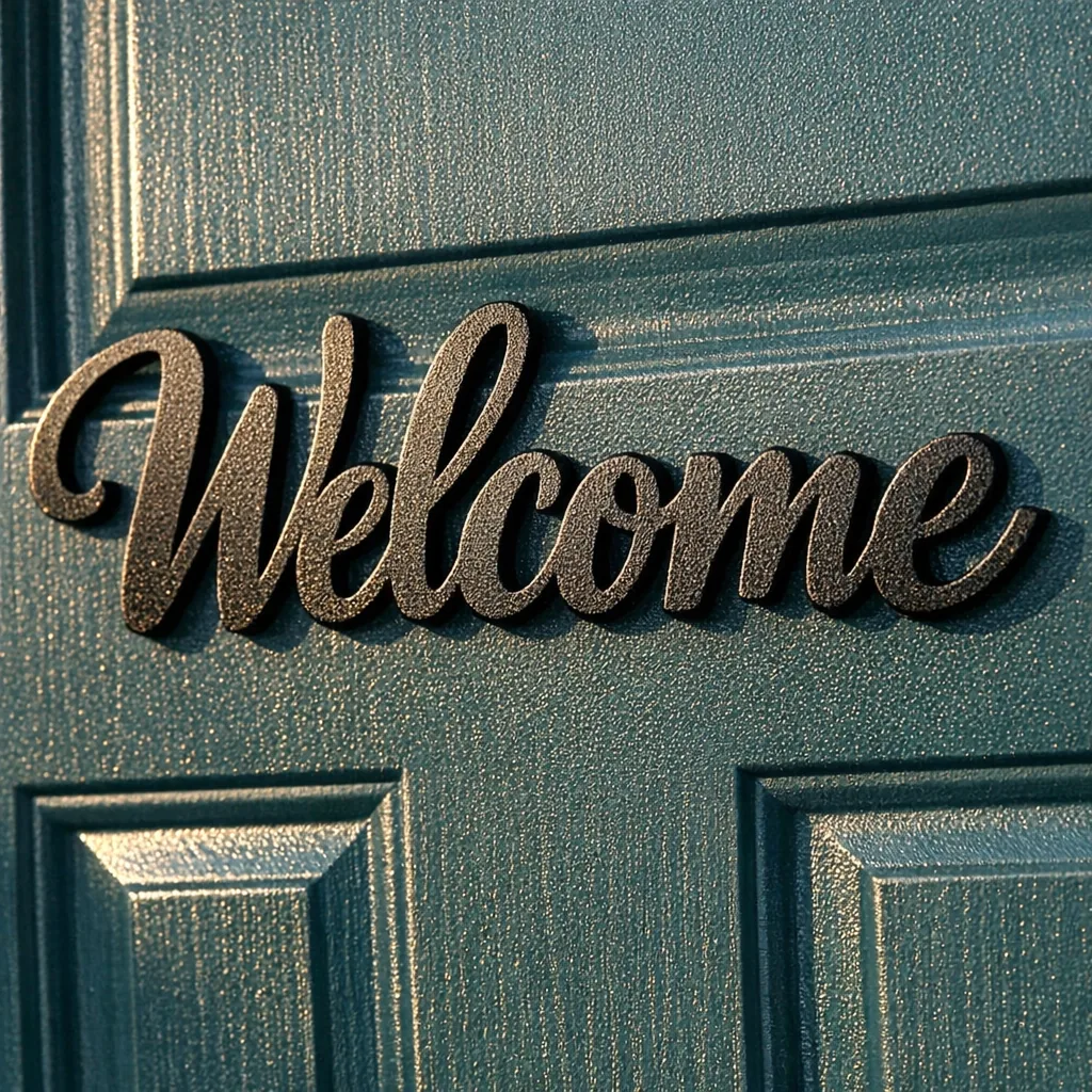 close-up of a powder-coated metal welcome sign on a front door