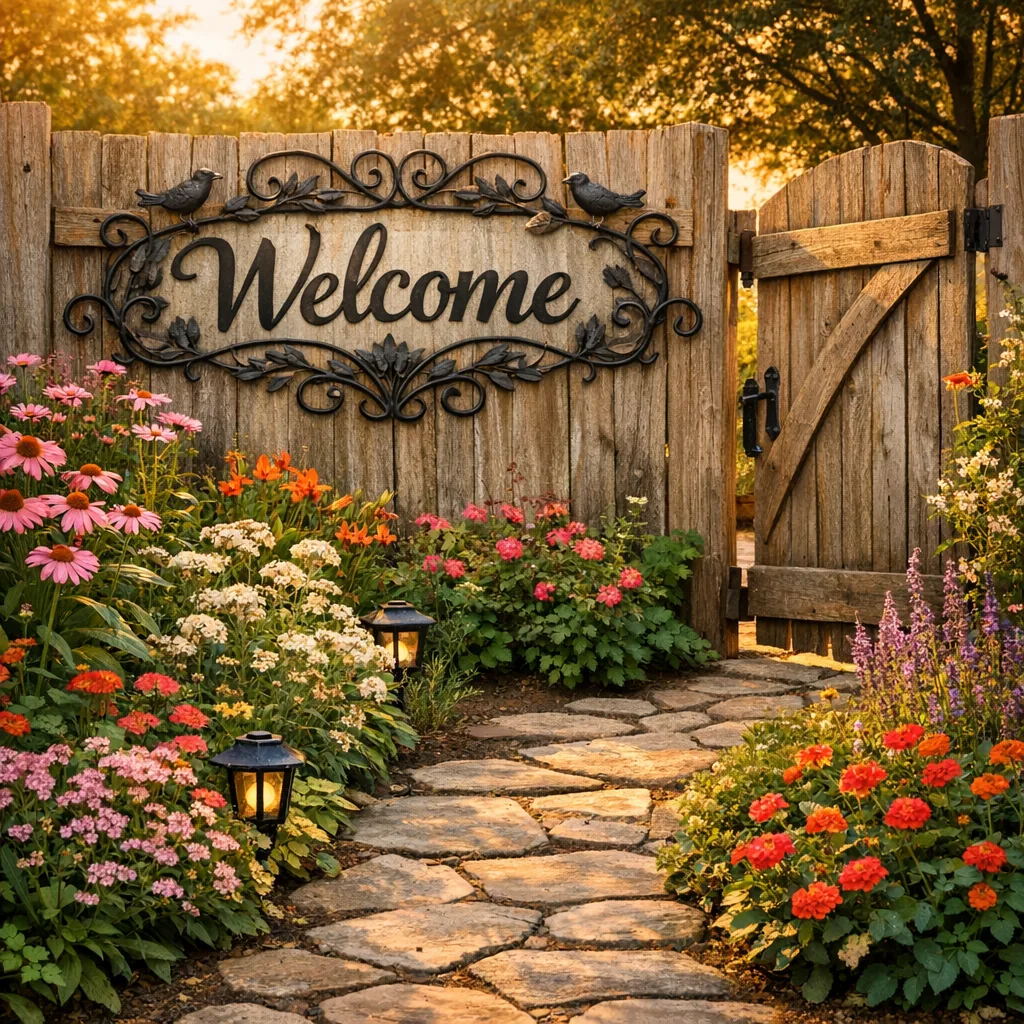 metal welcome sign for home on a garden fence with flowers and pathway