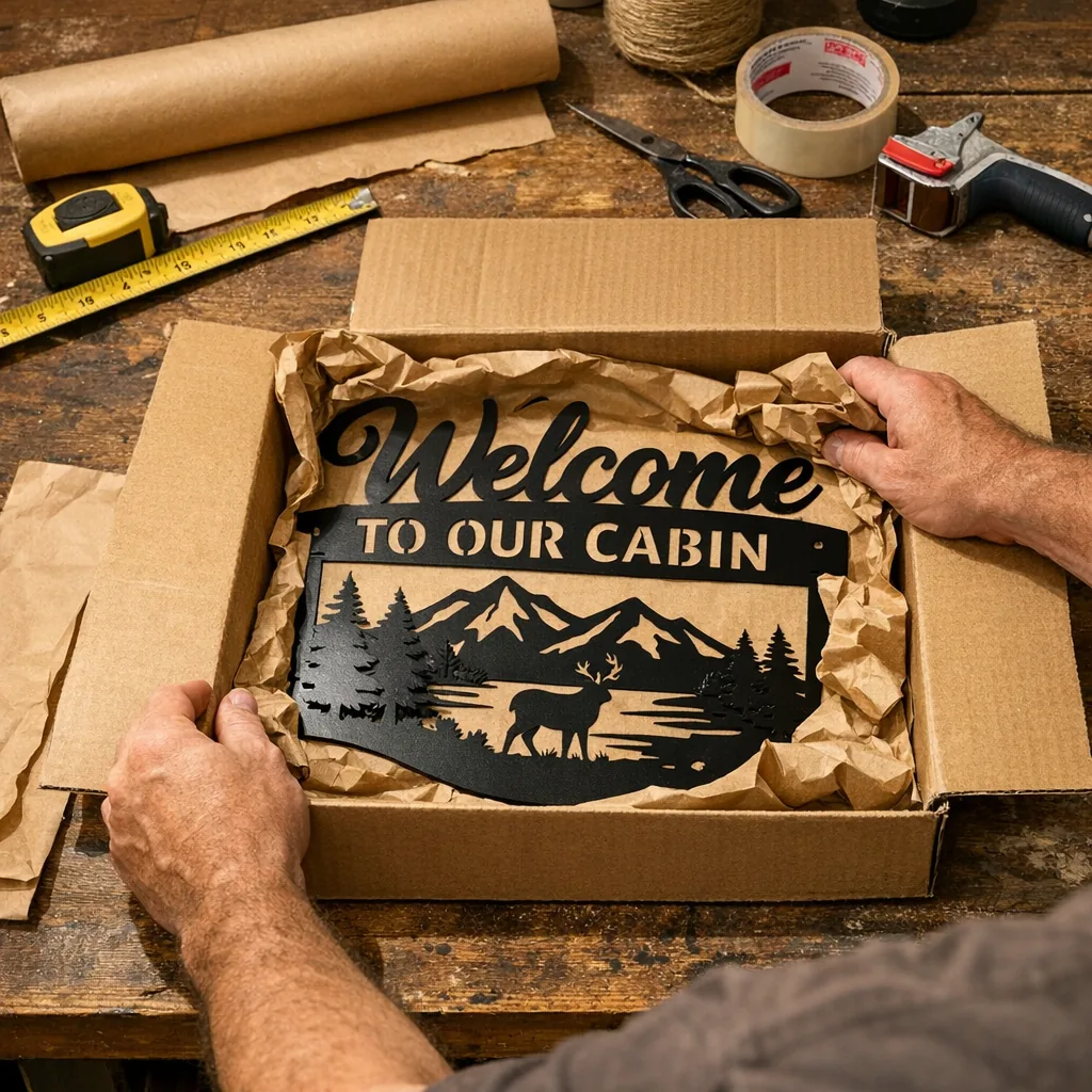 packing a custom metal welcome sign for home in a workshop with measuring tape