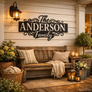 Front porch with modern farmhouse metal signs featuring a family name and neutral decor