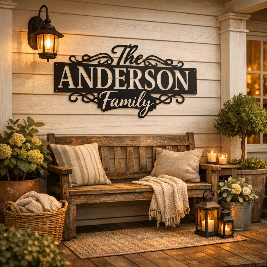 Front porch with modern farmhouse metal signs featuring a family name and neutral decor