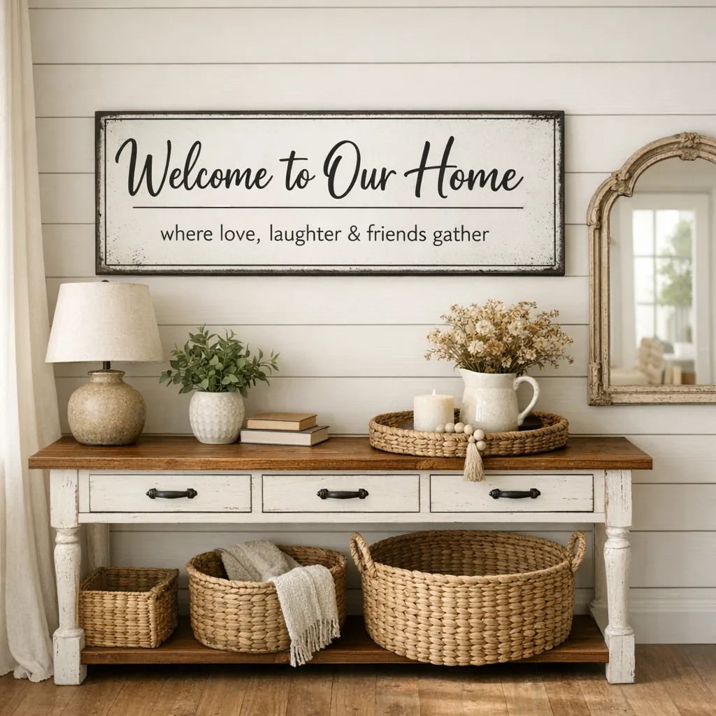 Entryway with modern farmhouse metal signs above a console table and shiplap wall