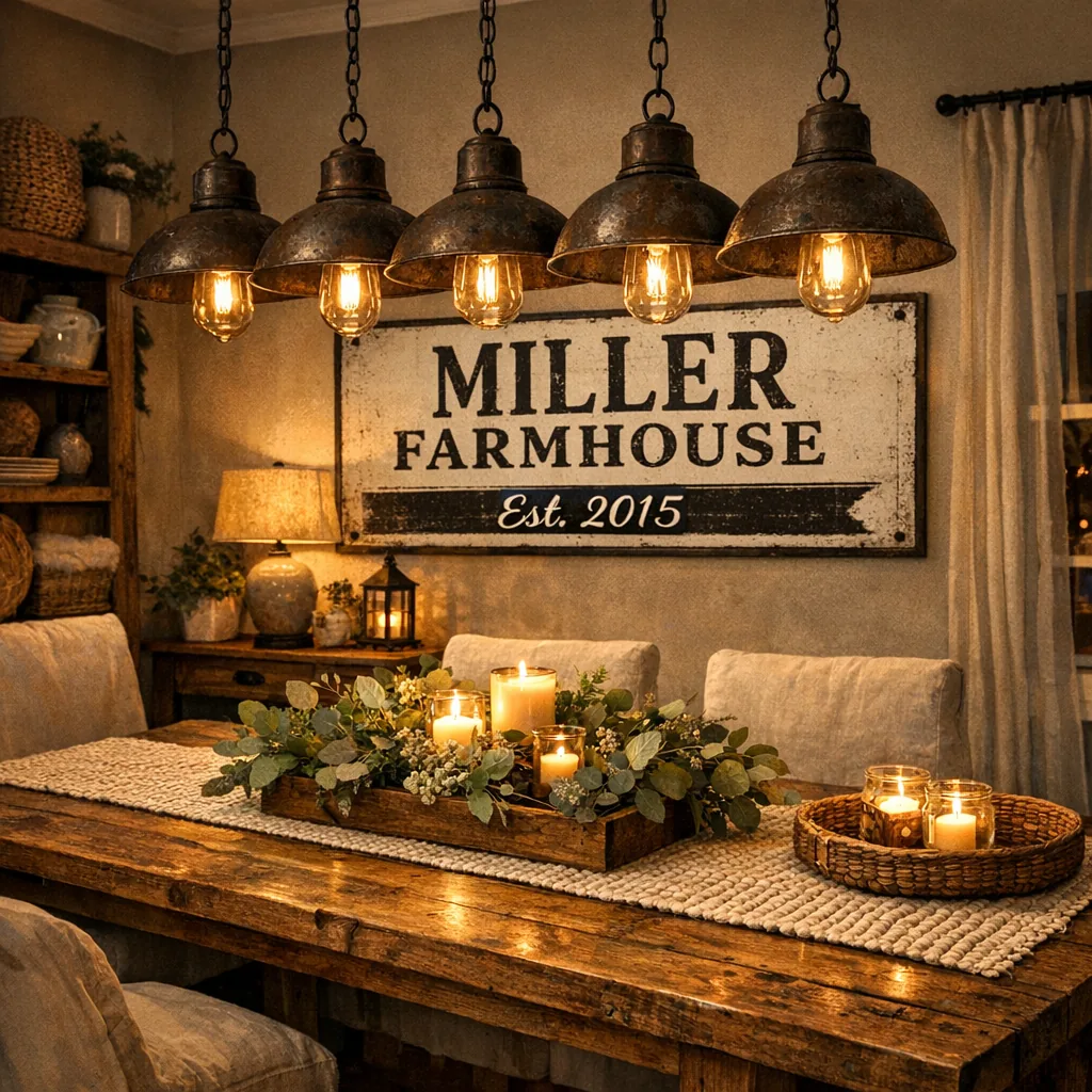 Dining room with modern farmhouse metal signs showing an established date over reclaimed wood table