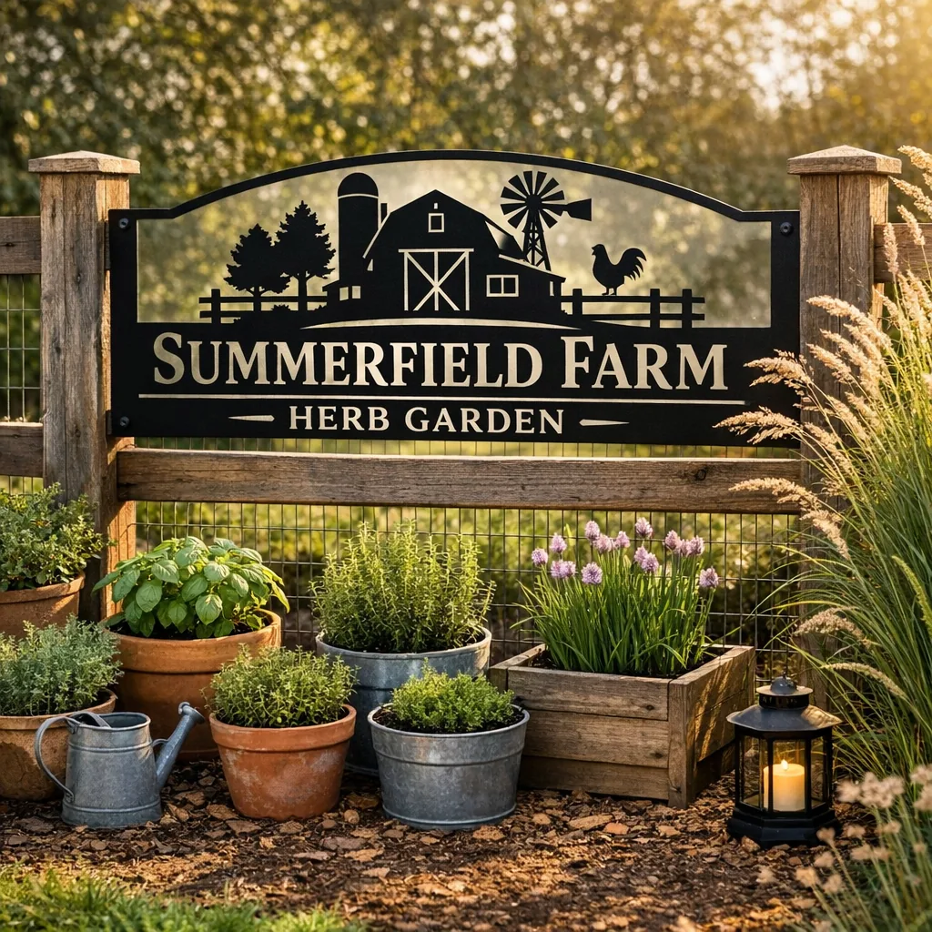 Garden fence with a custom modern farmhouse metal signs mounted on a wood post