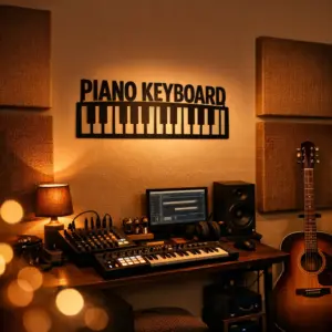 Home music studio decor with powder-coated piano keyboard metal sign above mixing desk