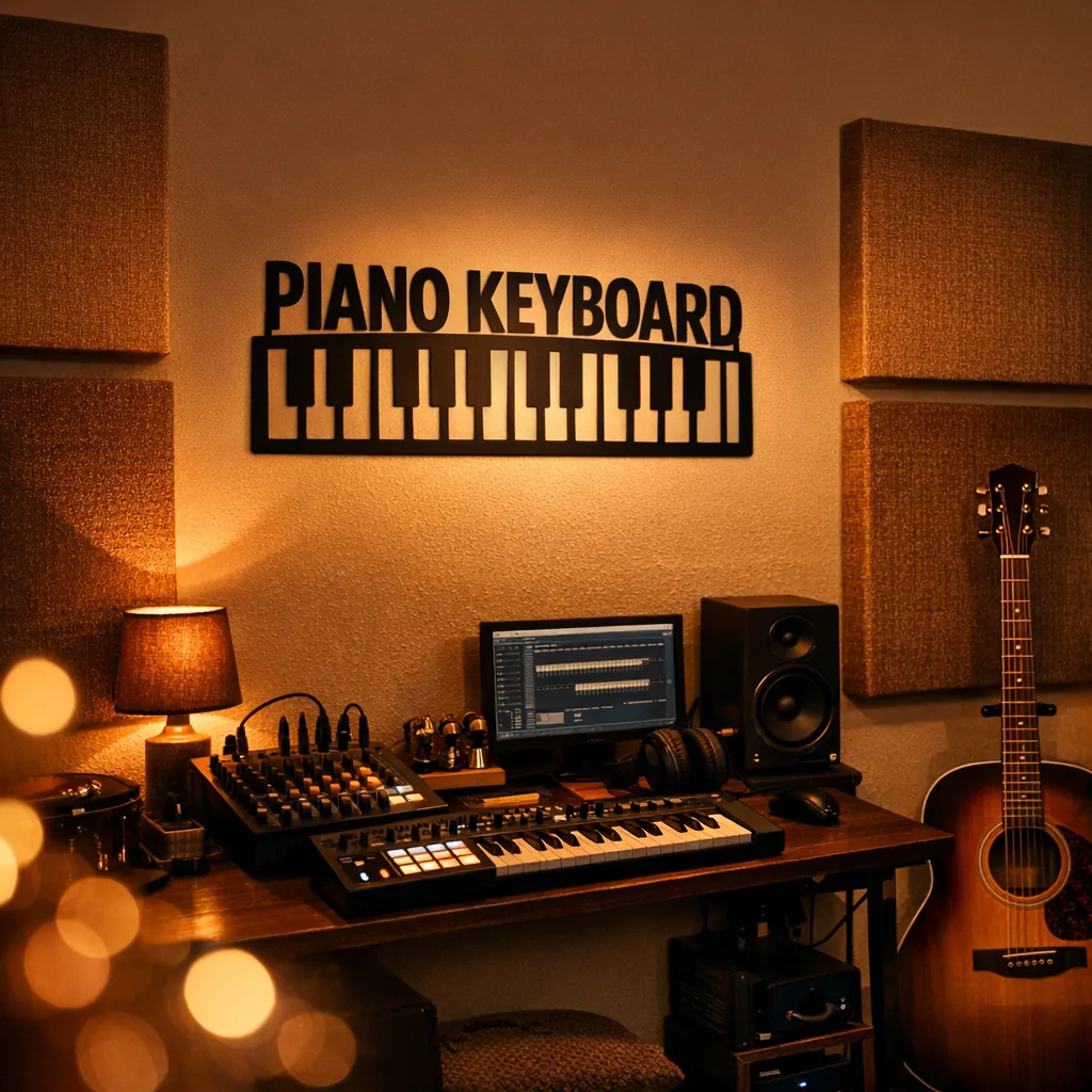 Home music studio decor with powder-coated piano keyboard metal sign above mixing desk
