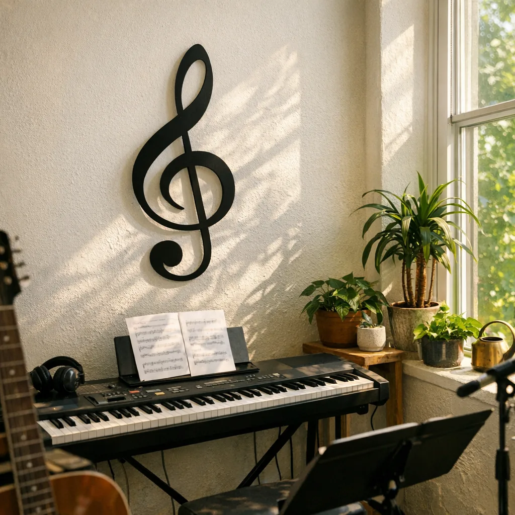 Spring-lit rehearsal room with treble clef music studio decor powder-coated metal sign