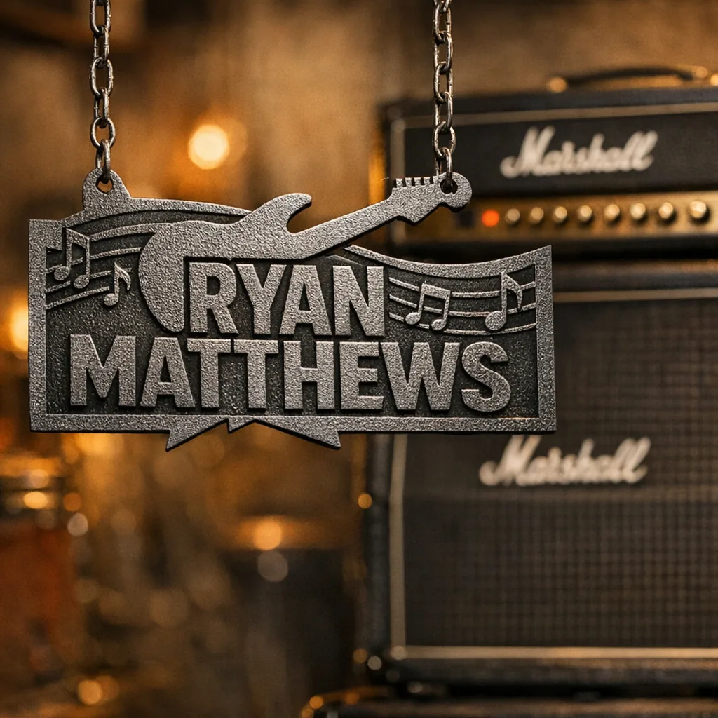 Personalized music studio decor metal sign close-up showing powder-coated finish