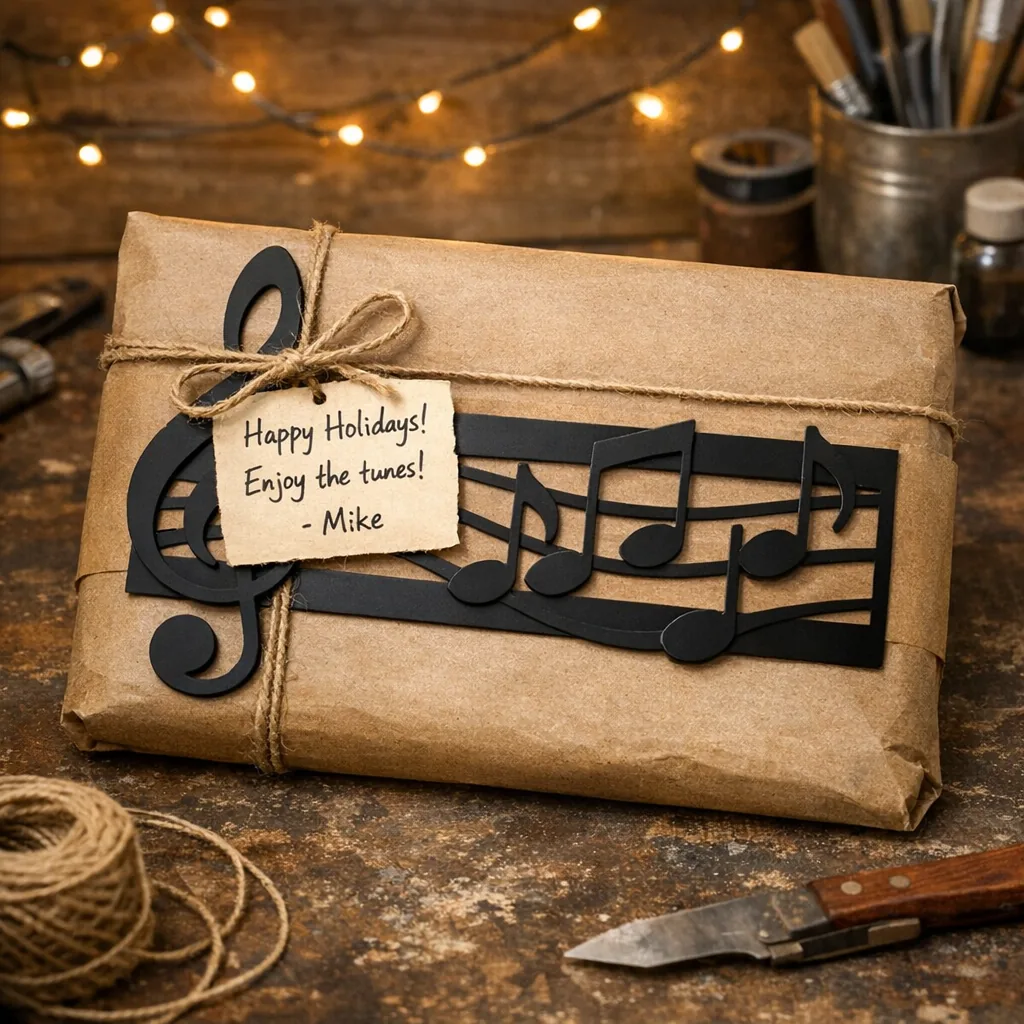 Seasonal gift presentation of a music studio decor metal sign wrapped with kraft paper