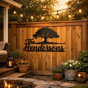 personalized backyard metal signs family name on cedar fence at golden hour