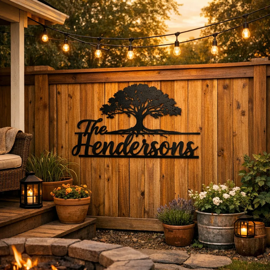 personalized backyard metal signs family name on cedar fence at golden hour