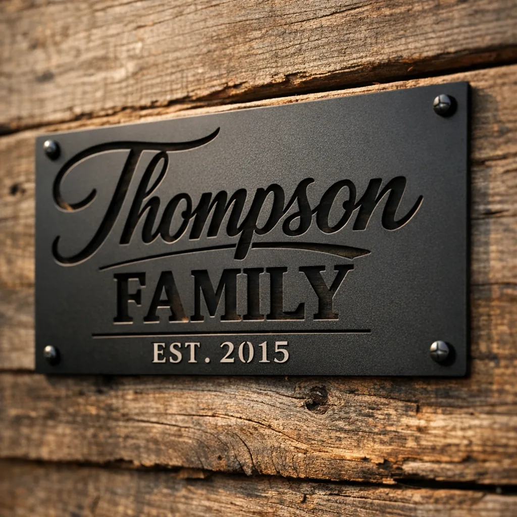 close-up laser cut metal sign powder-coated steel mounted on weathered wood