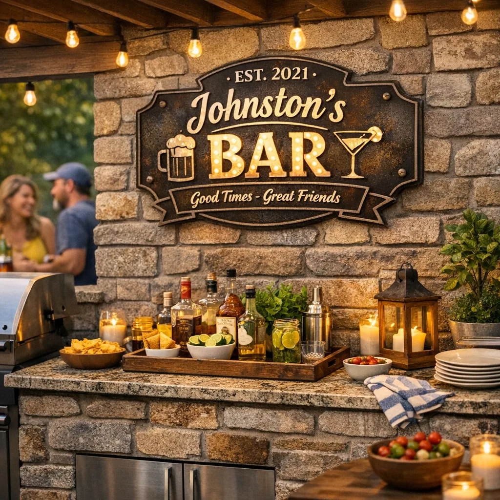 personalized backyard metal signs above outdoor kitchen counter