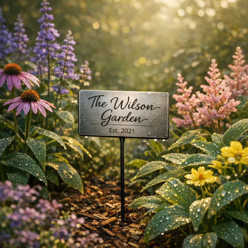 custom garden sign stake among perennials personalized backyard metal signs