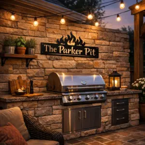 Featured personalized BBQ sign above grill on backyard patio — personalized BBQ sign