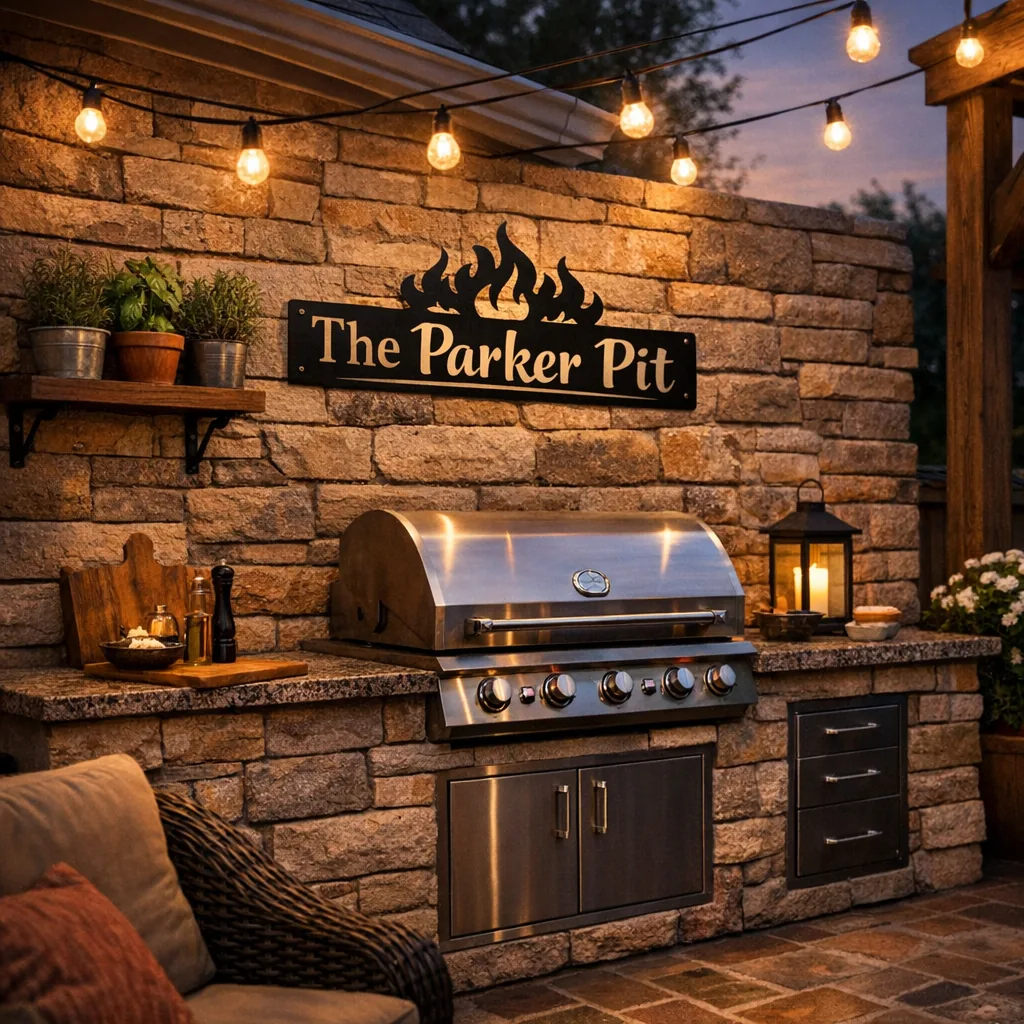 Featured personalized BBQ sign above grill on backyard patio — personalized BBQ sign