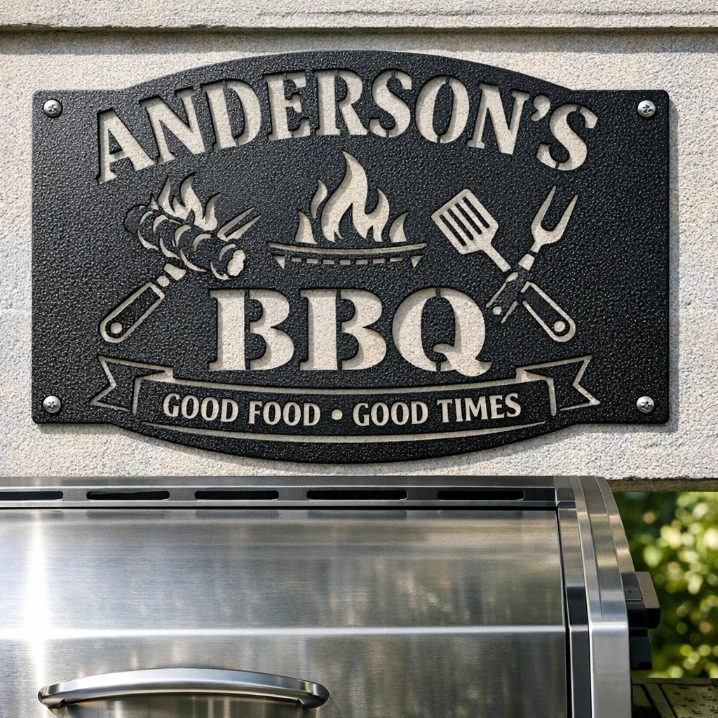 Close-up powder-coated personalized BBQ sign mounted over grill showing finish and holes — personalized BBQ sign