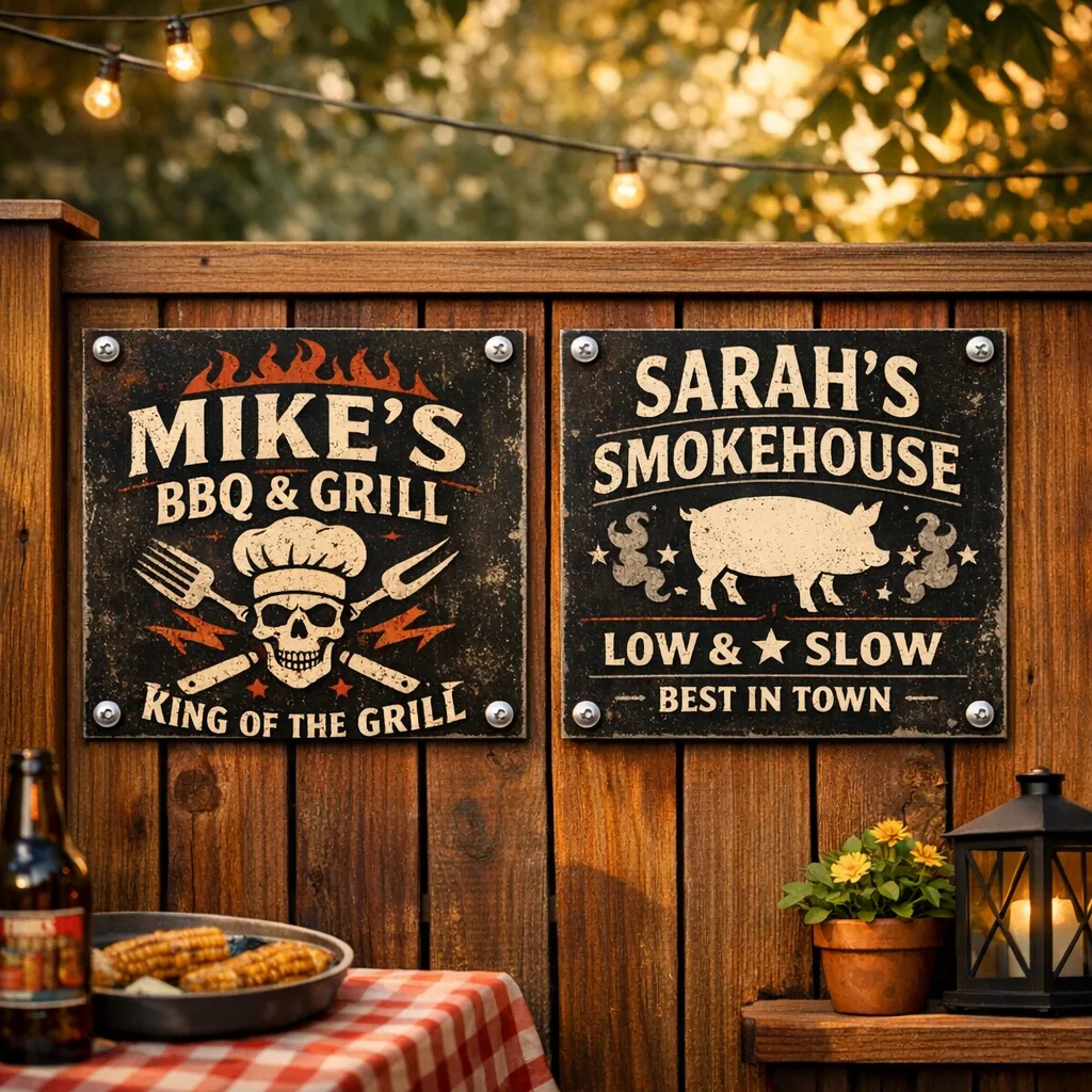 Two personalized BBQ signs hanging on a patio fence at dusk — personalized BBQ sign