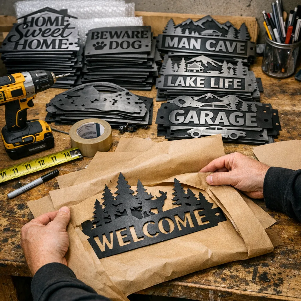 Workshop bench with laser-cut personalized BBQ signs and tools being packed — personalized BBQ sign