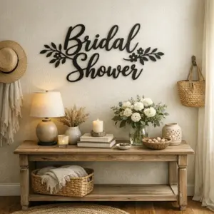 Personalized bridal shower metal gifts displayed in a warm entryway with powder-coated sign