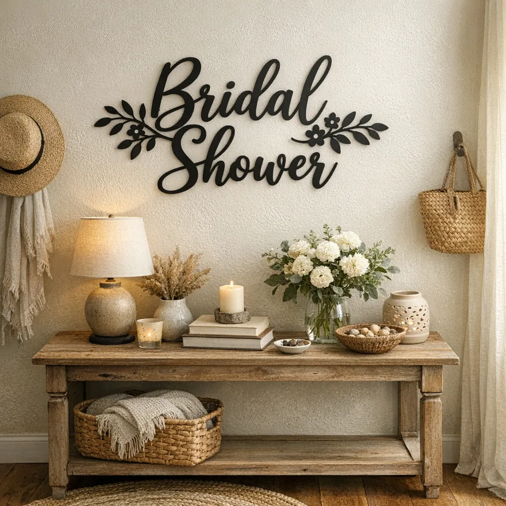 Personalized bridal shower metal gifts displayed in a warm entryway with powder-coated sign