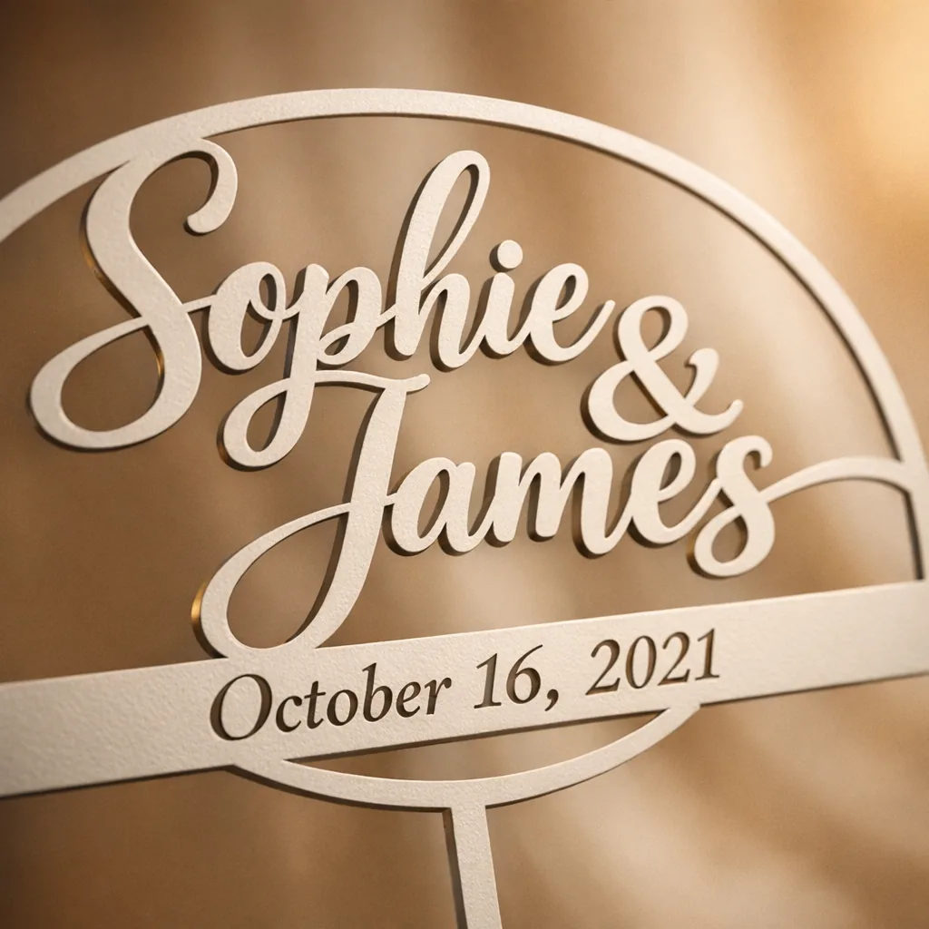 Close-up of a powder-coated personalized bridal shower metal gift showing laser-cut name and date
