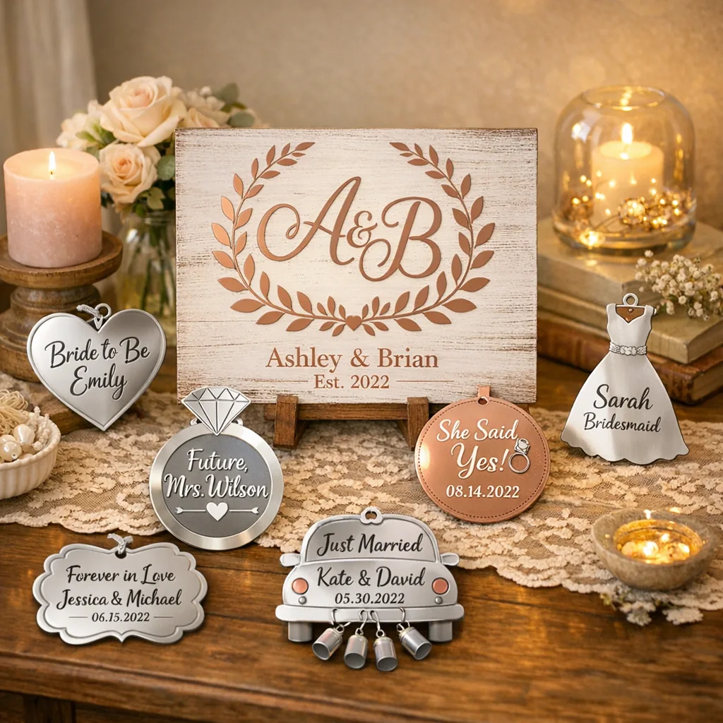 Bridal shower table display with personalized metal gifts and monogram plaque