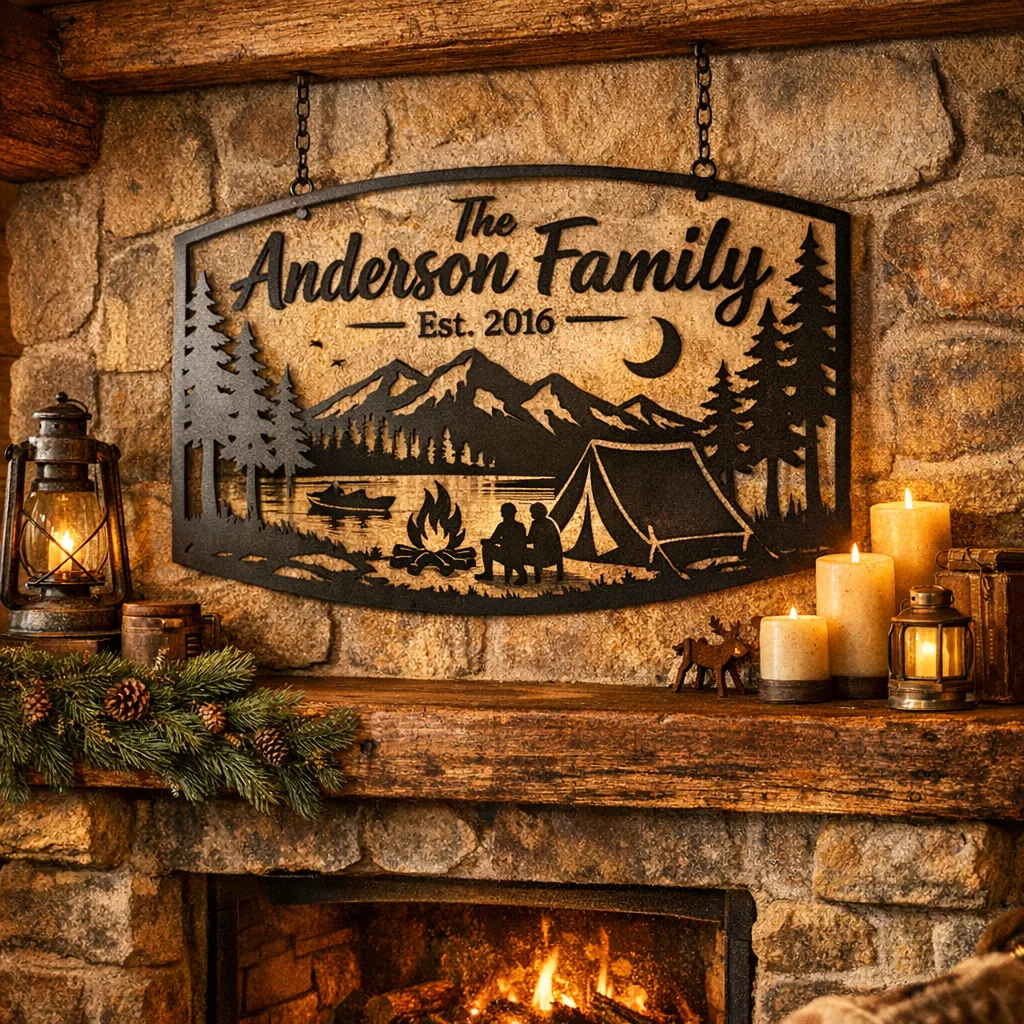 Personalized camping-themed gifts: family metal sign with Est. date over a cabin mantel
