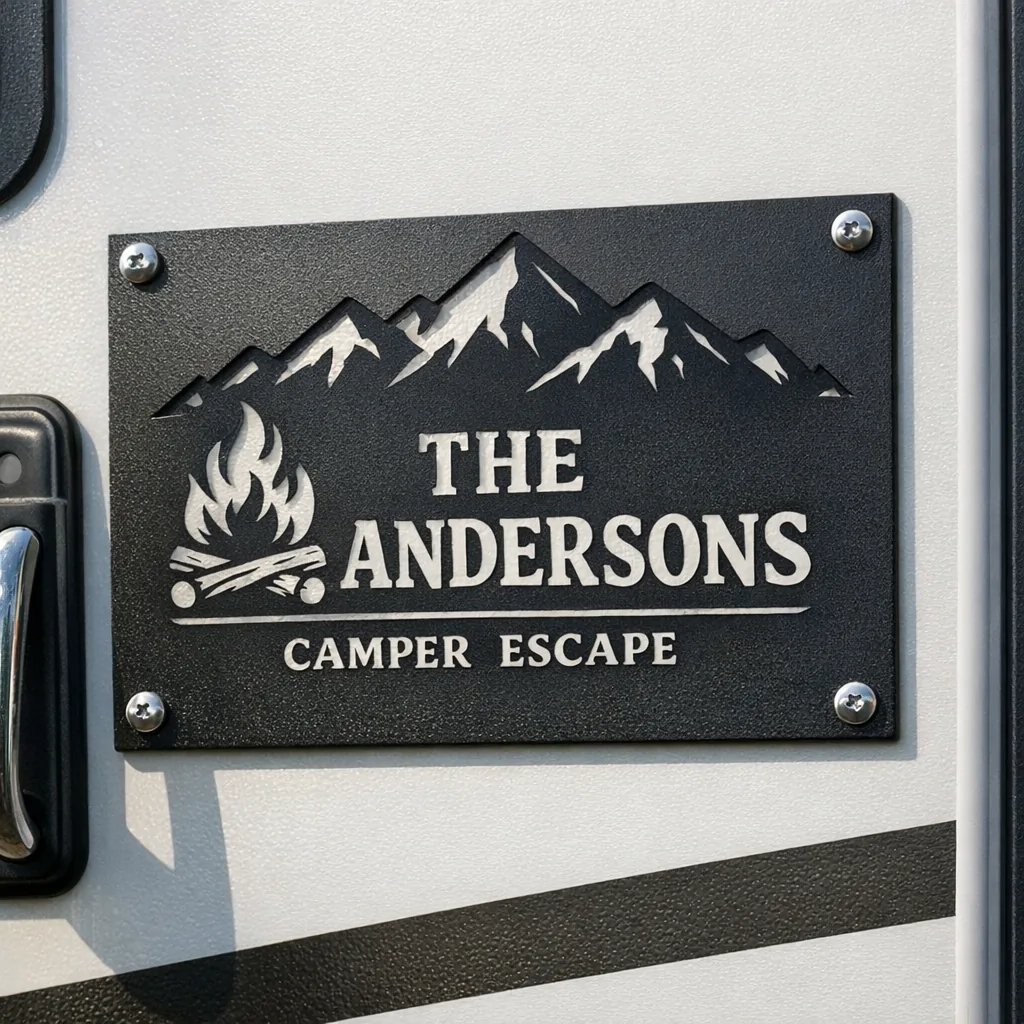 Personalized camping-themed gifts: matte black metal campsite sign mounted on an RV door