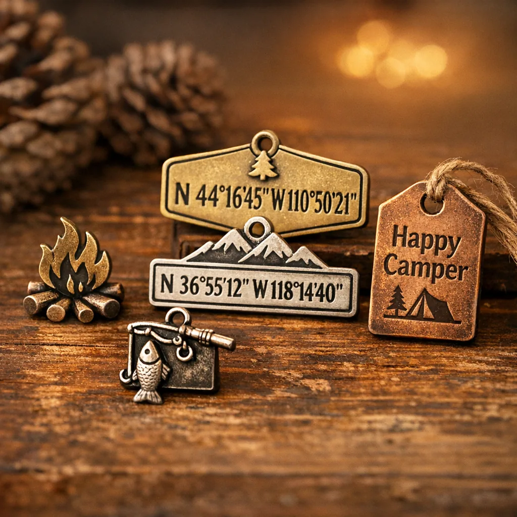 Personalized camping-themed gifts: assortment of metal camping keepsakes and ornaments on a wooden table