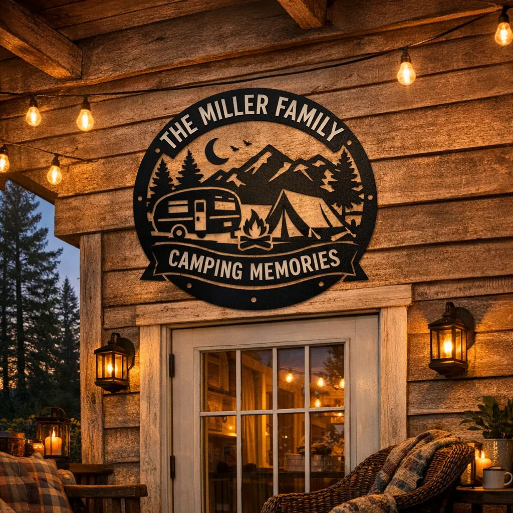 Personalized camping-themed gifts: 18-inch family metal camping sign on a porch at dusk