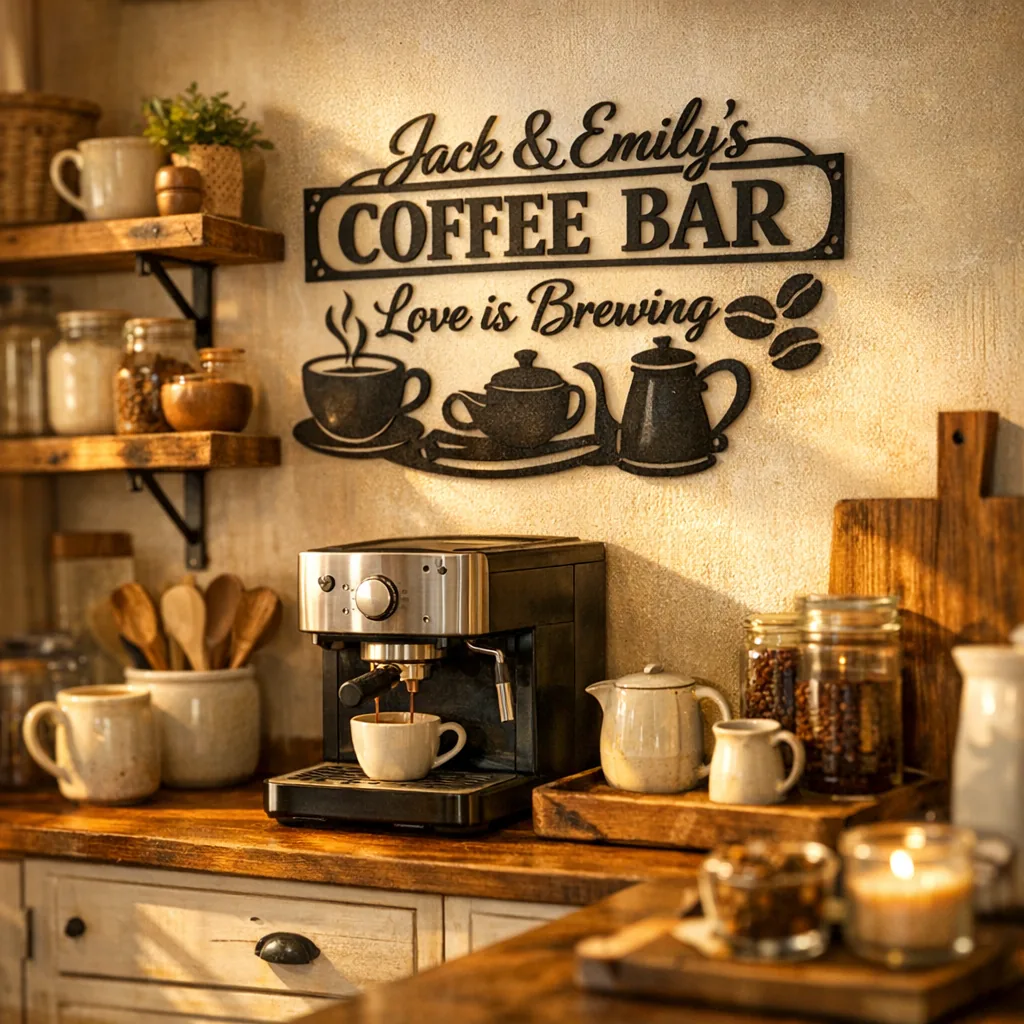 personalized coffee-themed wall art above a cozy kitchen coffee corner with espresso machine and wooden shelves