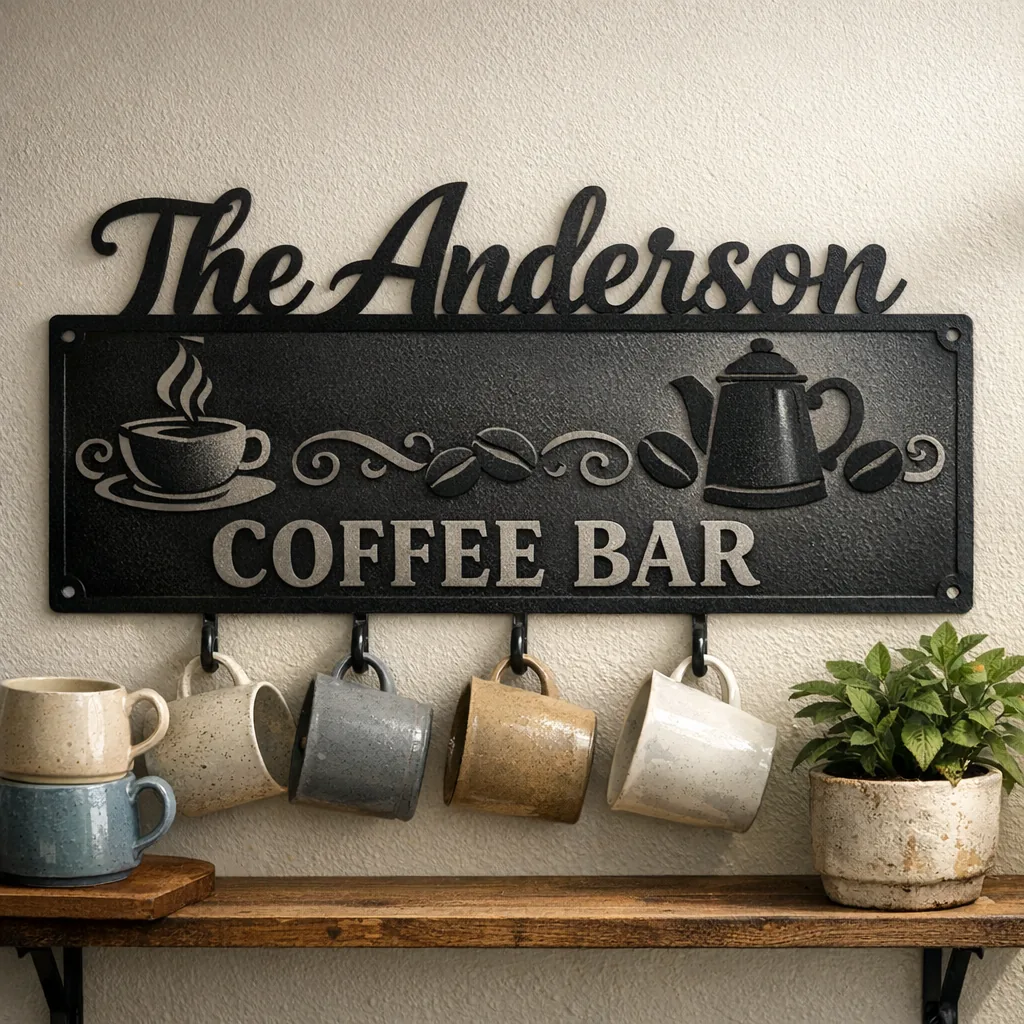close up of a matte black personalized coffee-themed metal sign over a coffee bar with mugs and plant
