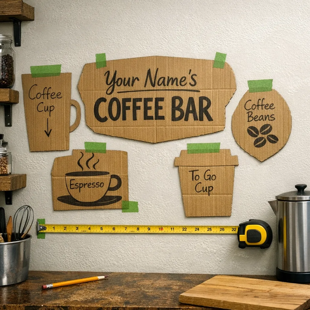 cardboard mock-up on a kitchen wall for measuring personalized coffee-themed wall art before purchase