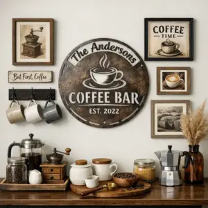 gallery wall centered on personalized coffee-themed wall art with mug hooks and framed prints