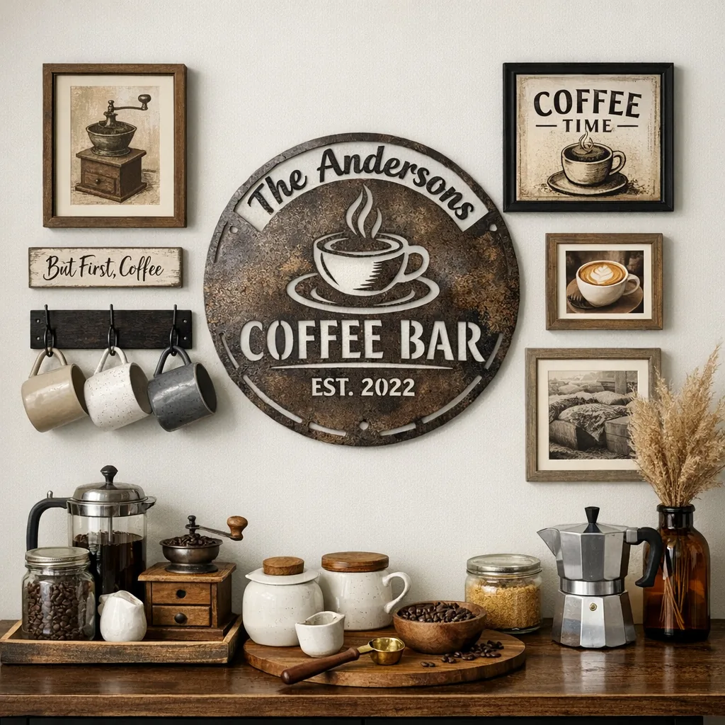 gallery wall centered on personalized coffee-themed wall art with mug hooks and framed prints