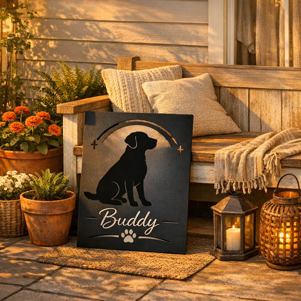 Personalized Dog Memorial Gifts 2 Porch with powder-coated personalized dog memorial sign displaying dog's name and silhouette, personalized dog memorial gifts