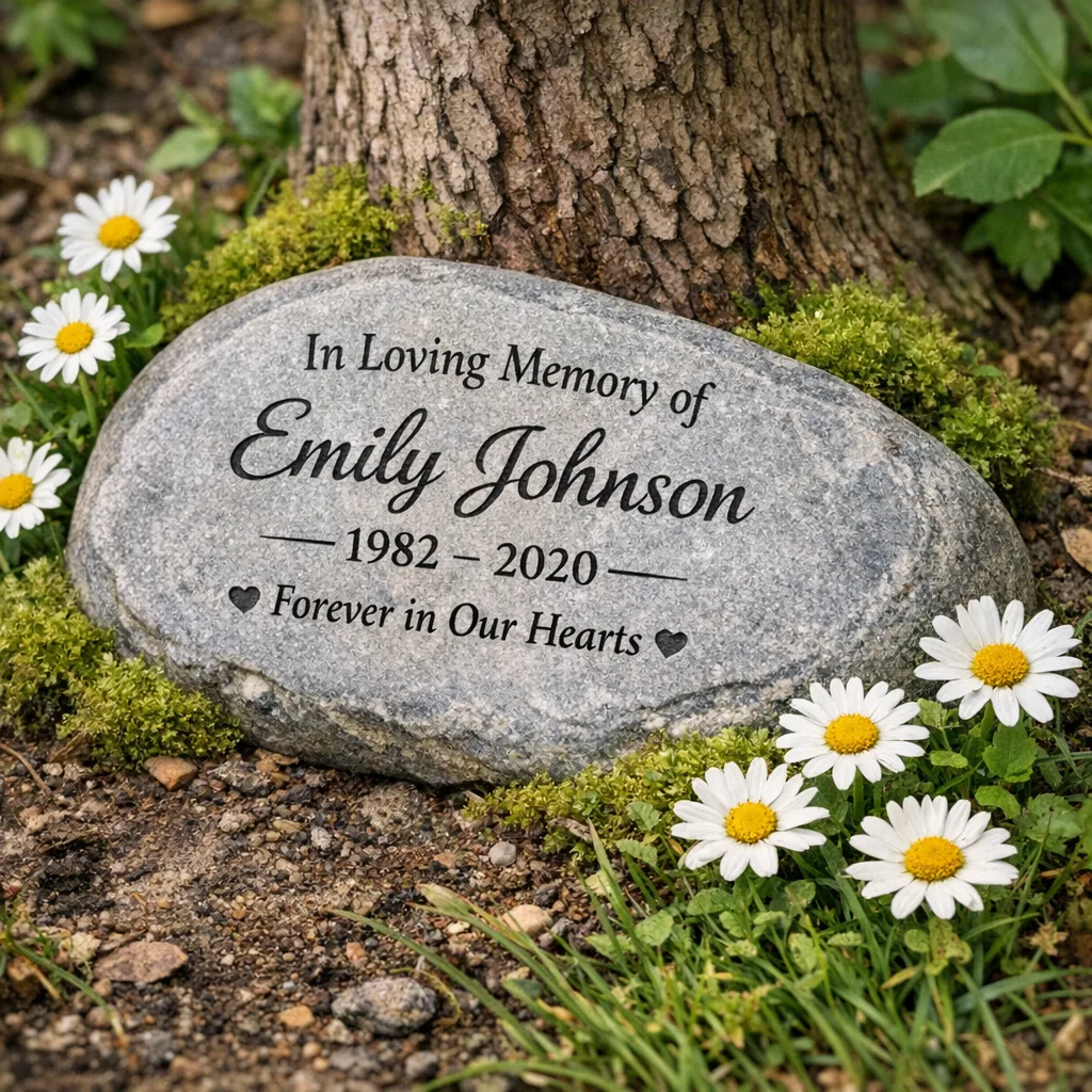 Personalized Dog Memorial Gifts 3 Engraved memorial stone in garden with flowers and dates, personalized dog memorial gifts