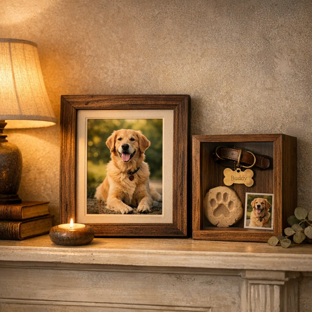 Personalized Dog Memorial Gifts 1 Framed dog photo keepsake and shadow box on a mantle in a warm interior, personalized dog memorial gifts