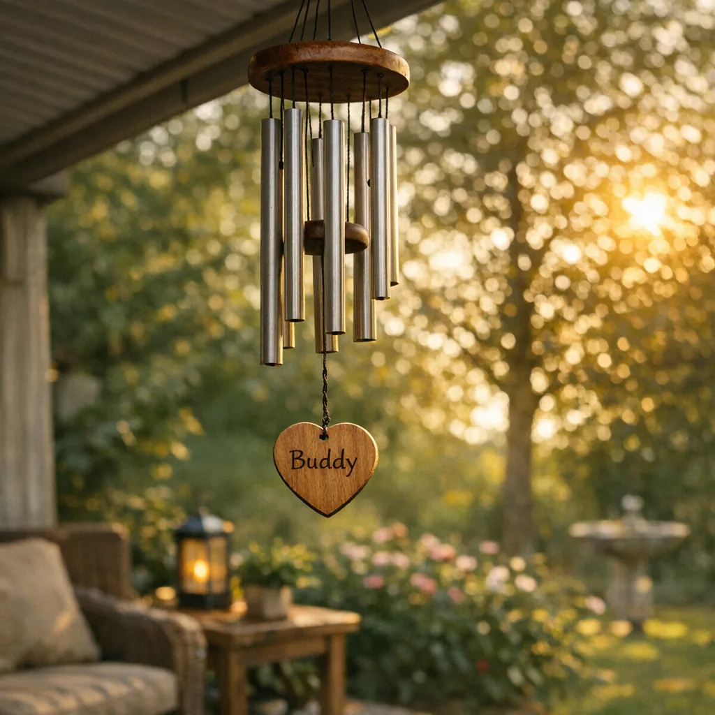 Personalized Dog Memorial Gifts 4 Wind chimes with engraved pet name tag hanging on a patio in soft afternoon light, personalized dog memorial gifts