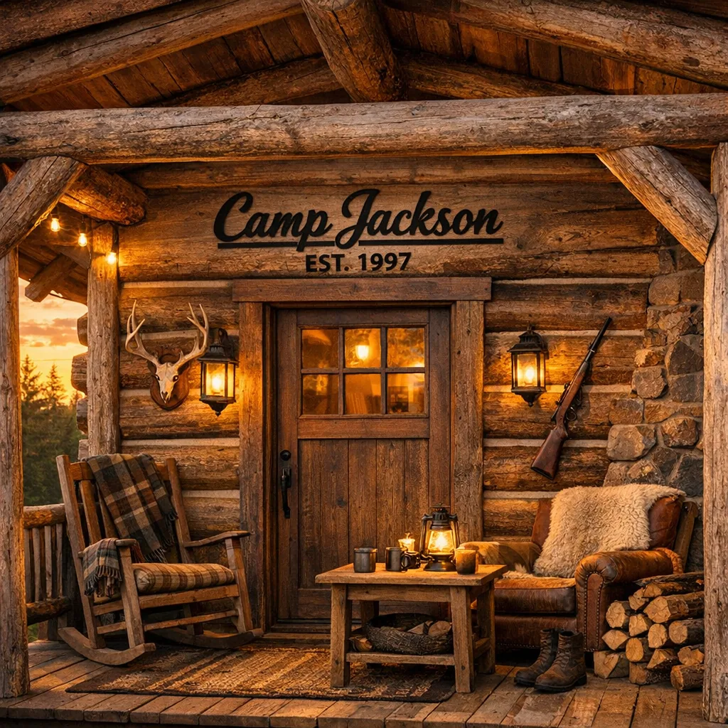 Personalized Hunting Lodge Decor 2 personalized hunting lodge decor powder-coated metal sign on a cozy porch