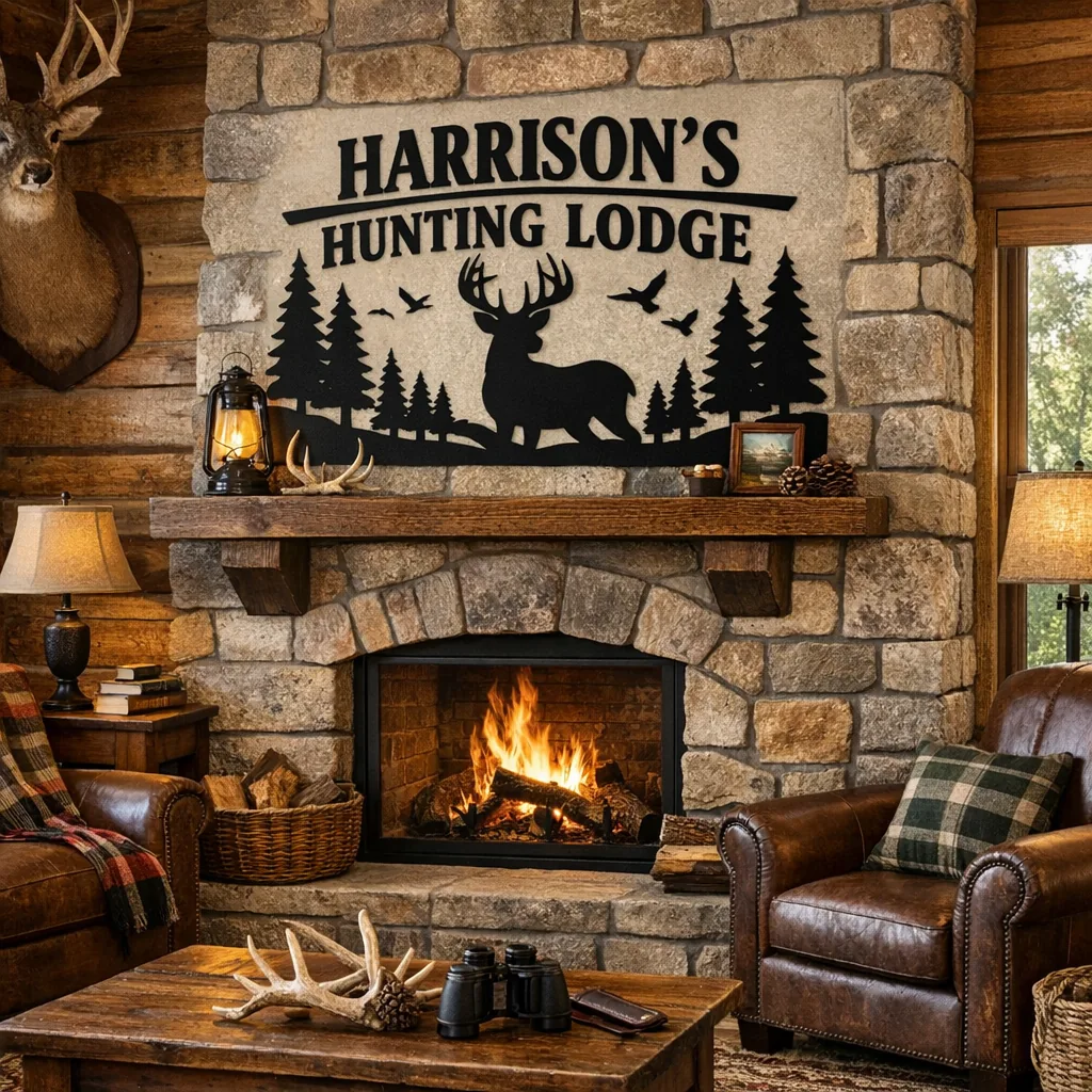 Personalized Hunting Lodge Decor 3 personalized hunting lodge decor metal sign above cabin fireplace